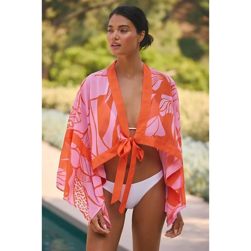 Anthropologie One Size Pink Coral Abstract Floral Crop Kimono Wrap Top